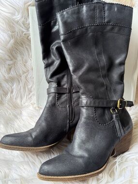XOXO Black Mid-Calf Block Heel Western Tassel Boots